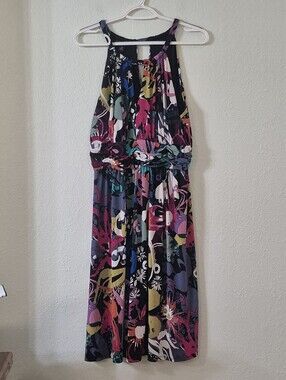 Suzi Chin Black Floral Halter Midi Dress with Multicolor Print